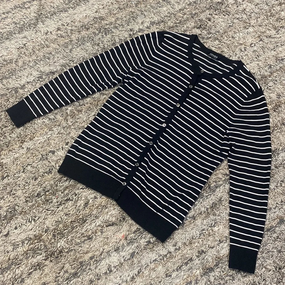 Jones, New York, black white striped cardigan, long sleeve, size small - Picture 5 of 5